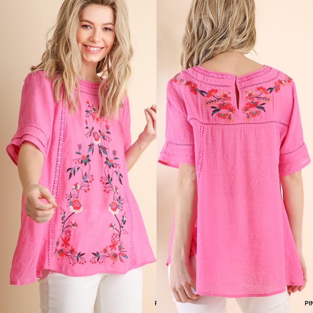 ⚡LAST MED⚡Pink Boho Floral Embroidered Shirt